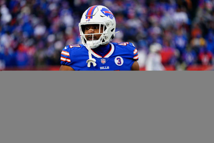Buffalo Bills full back Reggie Gilliam (41) with a number 3 on his jersey to show support for safety Damar Hamlin (3) during the second half against the New England Patriots at Highmark Stadium.